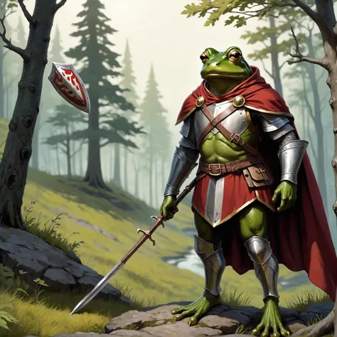 frog knight, standing on hill, deep woods, spear, shield, circlet, cape,