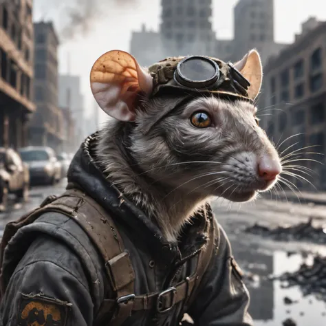 closeup, photo of an rat, detailed eyes,  wearing post apocalyptic outfit, reflective puddles, destroyed city background, smoke, ash , fire