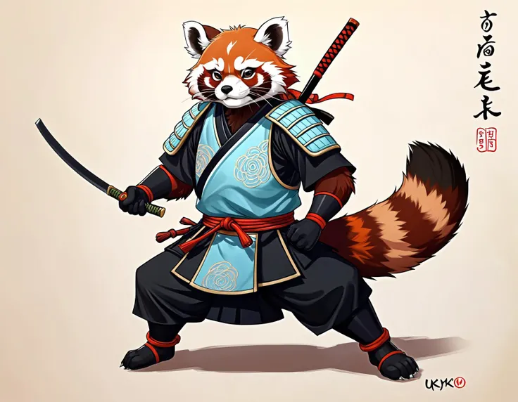 Ukyo-E drawing of a red panda samurai