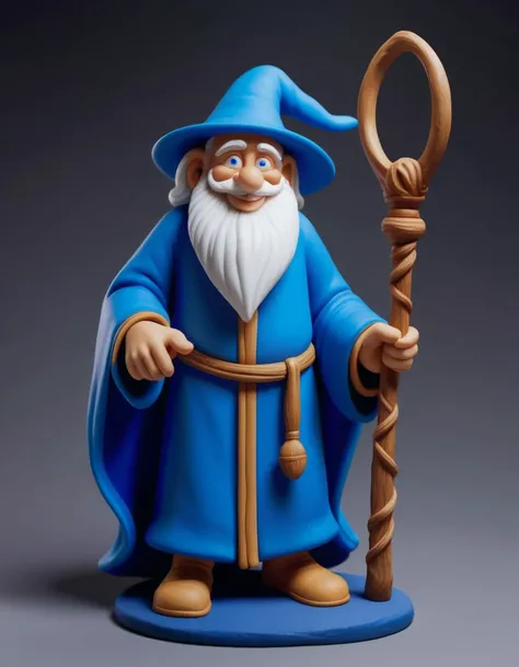 play-doh style An old wizard smiling, holding a staff, wearing a blue robe, nighttime . sculpture, clay art, centered composition, Claymation