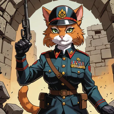 Closeup of an anthro furry cat female wearing soldier uniform ,fighting in ww1 trench, paws, paw pads towards viewer, Retro style artwork, comic book art, high details, comic book cover, symmetrical, vibrant colors