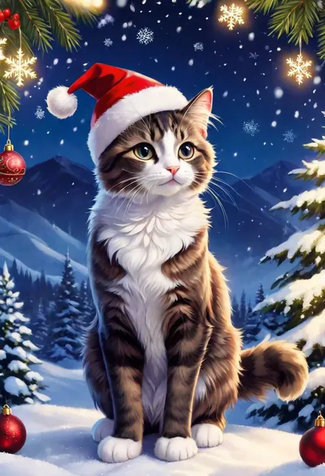Imagine a heartwarming scene set in a Christmas wonderland, where the focal point is the most adorable fluffy cartoon cat you've ever seen. Picture this cat adorned with a tiny Santa hat, its fur glistening with snowflakes. The surroundings are a dreamy blend of snowy landscapes, twinkling lights, and festive decorations. As viewers immerse themselves in this enchanting setting, they should feel a sense of warmth, nostalgia, and pure joy. Capture the essence of the holiday spirit through this lovable feline, ensuring that every detail from its playful eyes to its fluffy tail radiates charm and festive cheer.
 intense, photorealistic lighting and cinematic lighting quality,  (sharp focus), backlighting, photo realistic, highly  detailed,
a colorized photo, RAW format, 8K photorealistic image, superflat, 4k, ultra hd, high resolution , UHD, shot with a professional DSLR camera like Fujifilm XT3, Sony A7IV, Nikon D850, Sony A9 II, Canon EOS R5,
The final image should be a professional, award-winning masterpiece with (sharp focus:1.2),, (intricately detailed, hyperdetailed), HDR, (extremely detailed 8k wallpaper), high quality, intense, intricate, highly detailed, octane render, fine detail, ultra realistic, crisp, super sharp, studio quality, masterpiece, best quality, UHD, Film grain, photorealistic, trending on cg society