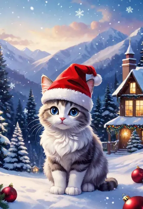 Imagine a heartwarming scene set in a Christmas wonderland, where the focal point is the most adorable fluffy cartoon cat you've ever seen. Picture this cat adorned with a tiny Santa hat, its fur glistening with snowflakes. The surroundings are a dreamy blend of snowy landscapes, twinkling lights, and festive decorations. As viewers immerse themselves in this enchanting setting, they should feel a sense of warmth, nostalgia, and pure joy. Capture the essence of the holiday spirit through this lovable feline, ensuring that every detail from its playful eyes to its fluffy tail radiates charm and festive cheer.
intense, photorealistic lighting and cinematic lighting quality, (sharp focus), backlighting, photo realistic, highly detailed,
a colorized photo, RAW format, 8K photorealistic image, superflat, 4k, ultra hd, high resolution , UHD, shot with a professional DSLR camera like Fujifilm XT3, Sony A7IV, Nikon D850, Sony A9 II, Canon EOS R5,
The final image should be a professional, award-winning masterpiece with (sharp focus:1.2),, (intricately detailed, hyperdetailed), HDR, (extremely detailed 8k wallpaper), high quality, intense, intricate, highly detailed, octane render, fine detail, ultra realistic, crisp, super sharp, studio quality, masterpiece, best quality, UHD, Film grain, photorealistic, trending on cg society