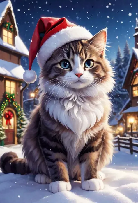 Imagine a heartwarming scene set in a Christmas wonderland, where the focal point is the most adorable fluffy cartoon cat you've ever seen. Picture this cat adorned with a tiny Santa hat, its fur glistening with snowflakes. The surroundings are a dreamy blend of snowy landscapes, twinkling lights, and festive decorations. As viewers immerse themselves in this enchanting setting, they should feel a sense of warmth, nostalgia, and pure joy. Capture the essence of the holiday spirit through this lovable feline, ensuring that every detail from its playful eyes to its fluffy tail radiates charm and festive cheer.
 intense, photorealistic lighting and cinematic lighting quality,  (sharp focus), backlighting, photo realistic, highly  detailed,
a colorized photo, RAW format, 8K photorealistic image, superflat, 4k, ultra hd, high resolution , UHD, shot with a professional DSLR camera like Fujifilm XT3, Sony A7IV, Nikon D850, Sony A9 II, Canon EOS R5,
The final image should be a professional, award-winning masterpiece with (sharp focus:1.2),, (intricately detailed, hyperdetailed), HDR, (extremely detailed 8k wallpaper), high quality, intense, intricate, highly detailed, octane render, fine detail, ultra realistic, crisp, super sharp, studio quality, masterpiece, best quality, UHD, Film grain, photorealistic, trending on cg society