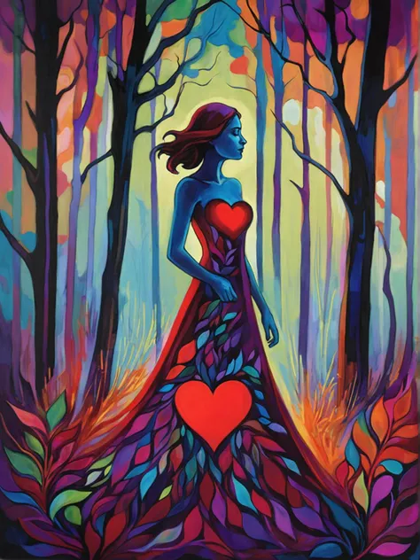 painting of, this image is a captivating painting of a 24 year old adult woman standing in front of an ominous forest. the woman's body is gracefully poised, her arms delicately placed around her chest as she cradles a vibrant red heart within it. her attire consists of a dress made entirely of dried leaves and branches, which adds to the mystical aura surrounding her. the dark hues of the forest behind her create a stark contrast with the red heart and the woman's silhouette, enhancing the overall dramatic effect of the artwork., an abstract painting by erin hanson, pinterest contest winner, metaphysical painting, vibrant painting, colorful otherworldly