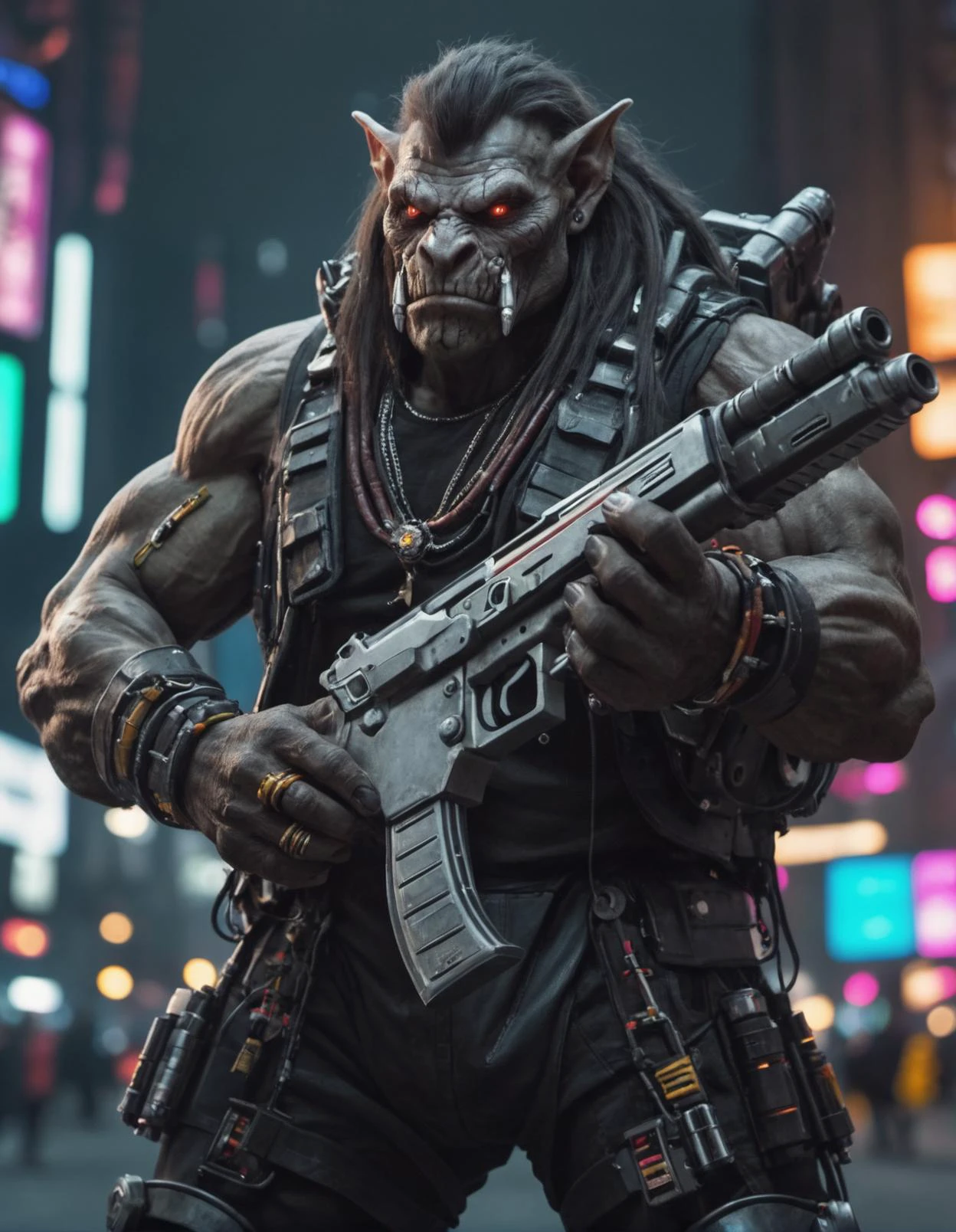 Closeup photo of a cyberpunk mountain troll in night city holding a futuristic gun