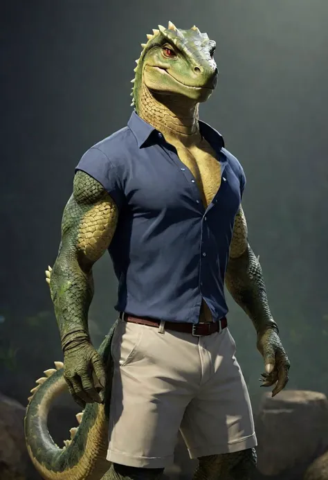anthro, (<[Tyrannosaurus:argonian:.85]> and <[skink:argonian:.85]>) standing close, ((friendly expression)), male, thick beefy body build, ((multicolored scales)), thick body, ((thick legs, long legs)), ((wearing shorts, wearing open shirt ))) (((fish scales ))), BREAK, (unreal engine:1.5), (masterpiece, best quality, ultra realistic, 4k, 2k, (high detail:1.3), film photography, soft focus, RAW photo, photorealistic, analog style, subsurface scattering, photorealism, absurd res)