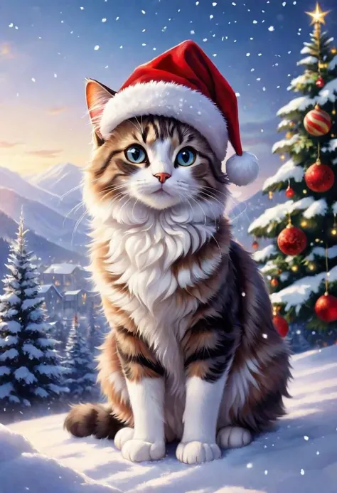Imagine a heartwarming scene set in a Christmas wonderland, where the focal point is the most adorable fluffy cartoon cat you've ever seen. Picture this cat adorned with a tiny Santa hat, its fur glistening with snowflakes. The surroundings are a dreamy blend of snowy landscapes, twinkling lights, and festive decorations. As viewers immerse themselves in this enchanting setting, they should feel a sense of warmth, nostalgia, and pure joy. Capture the essence of the holiday spirit through this lovable feline, ensuring that every detail from its playful eyes to its fluffy tail radiates charm and festive cheer.
intense, photorealistic lighting and cinematic lighting quality, (sharp focus), backlighting, photo realistic, highly detailed,
a colorized photo, RAW format, 8K photorealistic image, superflat, 4k, ultra hd, high resolution , UHD, shot with a professional DSLR camera like Fujifilm XT3, Sony A7IV, Nikon D850, Sony A9 II, Canon EOS R5,
The final image should be a professional, award-winning masterpiece with (sharp focus:1.2),, (intricately detailed, hyperdetailed), HDR, (extremely detailed 8k wallpaper), high quality, intense, intricate, highly detailed, octane render, fine detail, ultra realistic, crisp, super sharp, studio quality, masterpiece, best quality, UHD, Film grain, photorealistic, trending on cg society