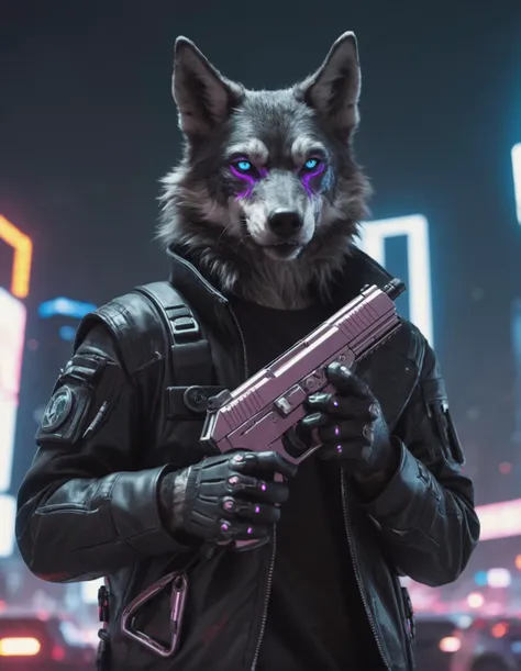 Closeup photo of a cyberpunk wolf in night city holding a futuristic gun