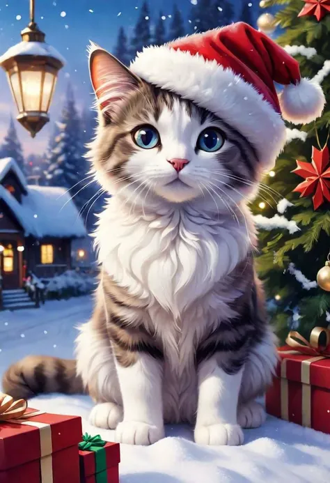 Imagine a heartwarming scene set in a Christmas wonderland, where the focal point is the most adorable fluffy cartoon cat you've ever seen. Picture this cat adorned with a tiny Santa hat, its fur glistening with snowflakes. The surroundings are a dreamy blend of snowy landscapes, twinkling lights, and festive decorations. As viewers immerse themselves in this enchanting setting, they should feel a sense of warmth, nostalgia, and pure joy. Capture the essence of the holiday spirit through this lovable feline, ensuring that every detail from its playful eyes to its fluffy tail radiates charm and festive cheer.
intense, photorealistic lighting and cinematic lighting quality, (sharp focus), backlighting, photo realistic, highly detailed,
a colorized photo, RAW format, 8K photorealistic image, superflat, 4k, ultra hd, high resolution , UHD, shot with a professional DSLR camera like Fujifilm XT3, Sony A7IV, Nikon D850, Sony A9 II, Canon EOS R5,
The final image should be a professional, award-winning masterpiece with (sharp focus:1.2),, (intricately detailed, hyperdetailed), HDR, (extremely detailed 8k wallpaper), high quality, intense, intricate, highly detailed, octane render, fine detail, ultra realistic, crisp, super sharp, studio quality, masterpiece, best quality, UHD, Film grain, photorealistic, trending on cg society