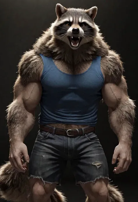 anthro ((((roaring raccoon-monster))-werewolf hybrid)), muscular male, huge muscles, huge pecs, huge biceps, huge deltoids, ((torn shorts, torn shirt)), ((thick legs, long legs)),BREAK, ((werewolf fur)), (((Thick hirsune fur, fur covered torso, furry chest, chest ruff of fur, ))), BREAK, (unreal engine:1.5), (masterpiece, best quality, ultra realistic, 4k, 2k, (high detail:1.3), film photography, soft focus, RAW photo, photorealistic, analog style, subsurface scattering, photorealism, absurd res) <lora:fluffyrock-quality-tags-v2.1.1-vpred:1> <lora:canine_best_try_29355:1.5>