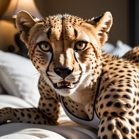 closeup of an anthro female cheetah, wearing a white tank top, fangs laying down in bed, detailed, realistic, 8k uhd, high quality, high quality photography, 3 point lighting, flash with softbox, 4k, Canon EOS R3, hdr, smooth, sharp focus, high resolution, award winning photo, 80mm, f2.8, bokeh