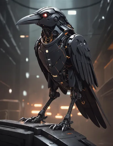 sci-fi, designed by James Paick, digital art, robotic Raven, it is dressed in cybernetics, its cybernetics is inspired by the 90's anime, in focus, Fantasy, dramatic lighting, anime style