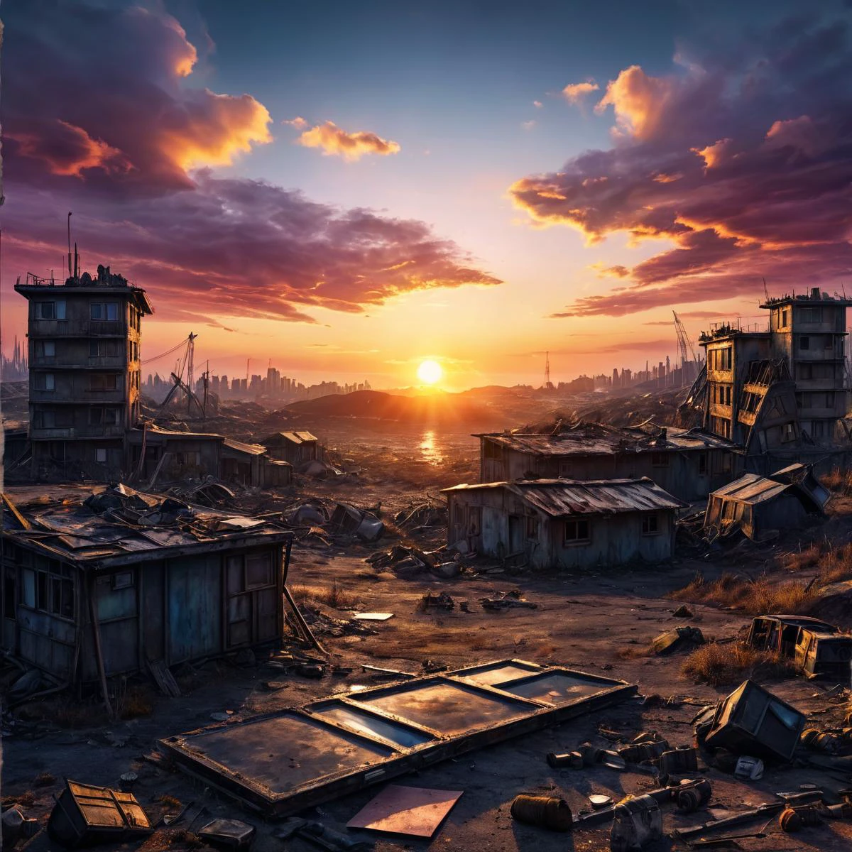 post-apocalyptic sunset at the end of the world of the new dawn aquarelle drawing, high quality photography, 3 point lighting, flash with softbox, 4k, Canon EOS R3, hdr, smooth, sharp focus, high resolution, award winning photo, 80mm, f2.8, bokeh