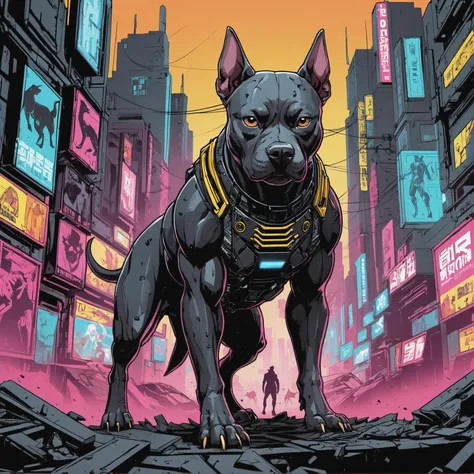anime artwork, cyberpunk pit bull, detailed black fur, a destroyed city, line art, comic, Retro style artwork, comic book art, high details, comic book cover, symmetrical, vibrant colors