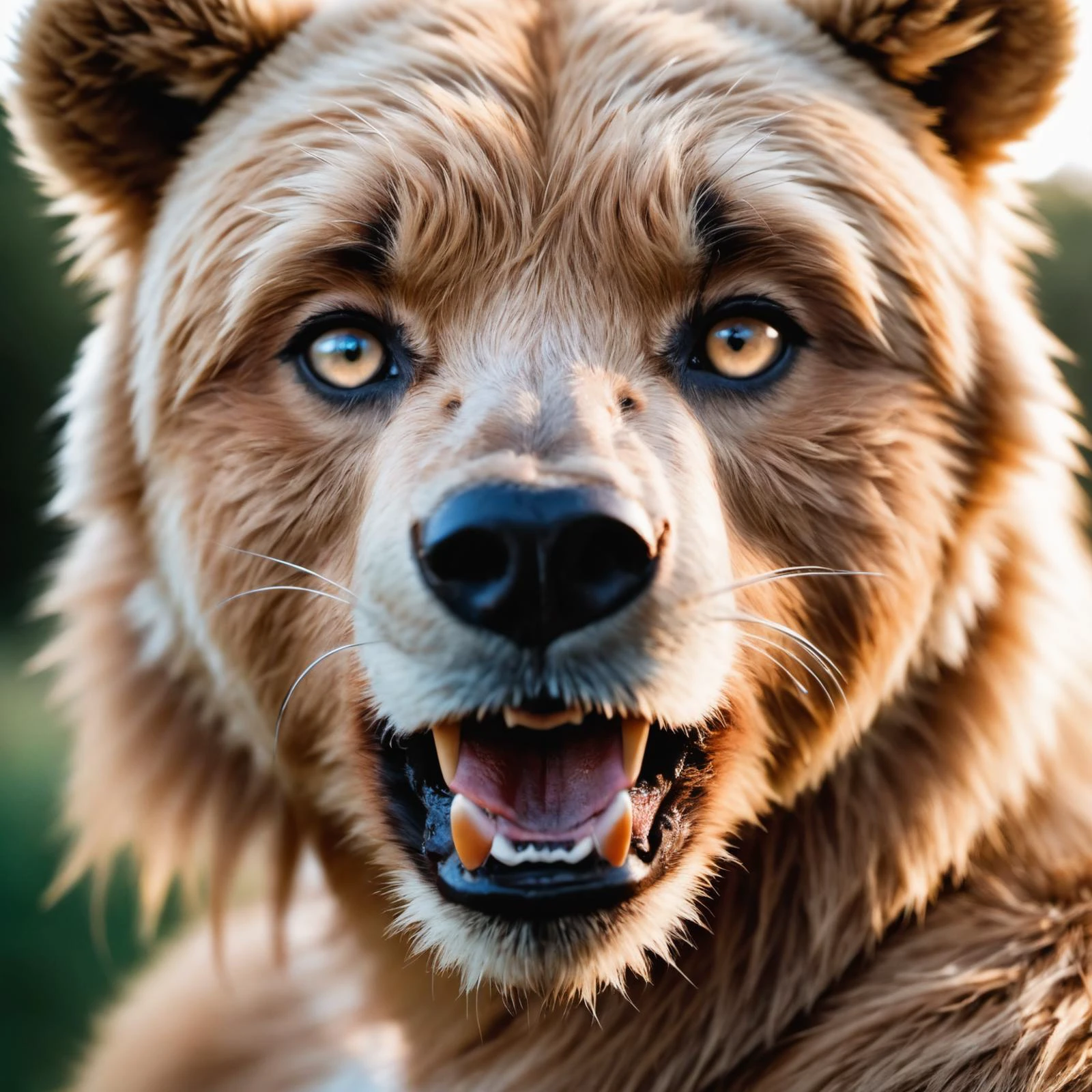 face portrait from a anthro bear, fangs, mouth openh, RAW candid cinema, 16mm, color graded portra 400 film, remarkable color, ultra realistic, textured skin, remarkable detailed pupils, realistic dull skin noise, visible skin detail, skin fuzz, dry skin, shot with cinematic camera, high quality photography, 3 point lighting, flash with softbox, 4k, Canon EOS R3, hdr, smooth, sharp focus, high resolution, award winning photo, 80mm, f2.8, bokeh