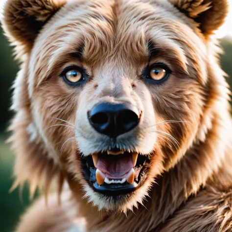 face portrait from a anthro bear, fangs, mouth openh, RAW candid cinema, 16mm, color graded portra 400 film, remarkable color, ultra realistic, textured skin, remarkable detailed pupils, realistic dull skin noise, visible skin detail, skin fuzz, dry skin, shot with cinematic camera, high quality photography, 3 point lighting, flash with softbox, 4k, Canon EOS R3, hdr, smooth, sharp focus, high resolution, award winning photo, 80mm, f2.8, bokeh
