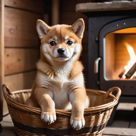 closeup of a cute shiba inu puppy is sitting in an basket in an mountain hut near the warm stove
. shallow depth of field, vignette, highly detailed, high budget, bokeh, cinemascope, moody, epic, gorgeous, film grain, grainy