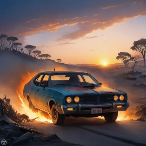 ethereal fantasy concept art of comic post-apocalyptic sunset at the end of the world of the new dawn, burned out car (,(Ash Williams)) driving it, in the front aquarelle drawing . graphic illustration, comic art, graphic novel art, vibrant, highly detailed . magnificent, celestial, ethereal, painterly, epic, majestic, magical, fantasy art, cover art, dreamy, high quality photography, 3 point lighting, flash with softbox, 4k, Canon EOS R3, hdr, smooth, sharp focus, high resolution, award winning photo, 80mm, f2.8, bokeh