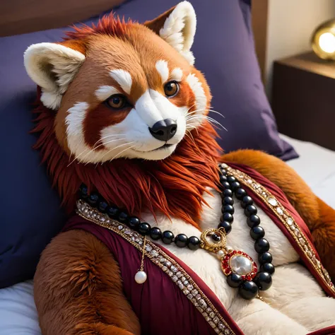 Closeup photo highly detailed of an anthro red panda male wearing a necklace laying down in bed, detailed full body fur
, undefined