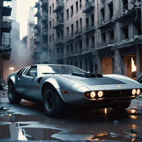 cinematic film still an futuristic cyberpunk, dieselpunk sports car in a destroyed city after an nuclear blast . shallow depth of field, vignette, highly detailed, high budget, bokeh, cinemascope, moody, epic, gorgeous, film grain, grainy, high quality photography, 3 point lighting, flash with softbox, 4k, Canon EOS R3, hdr, smooth, sharp focus, high resolution, award winning photo, 80mm, f2.8, bokeh