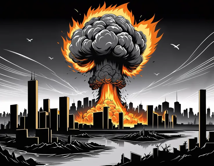 line art drawing Tattoo artwork the end of the world, burning destroyed city after nuclear blast . professional, sleek, modern, minimalist, graphic, line art, vector graphics