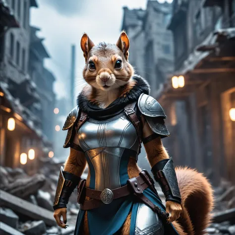 cyberpunk female  squirrel  wearing viking outfit in a destroyed city . shallow depth of field, vignette, highly detailed, high budget, bokeh, cinemascope, moody, epic, gorgeous, film grain, grainy, high quality photography, 3 point lighting, flash with softbox, 4k, Canon EOS R3, hdr, smooth, sharp focus, high resolution, award winning photo, 80mm, f2.8, bokeh