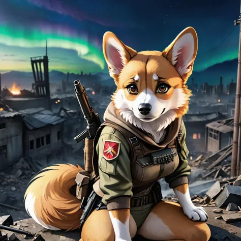 anime artwork (Highest Quality, 4k, masterpiece:1.1), (realism, photorealistic:1.4), ray traced, hyper realism, soft lighting, detailed background, film grain, (detailed fur texture:1.3),
BREAK
(anthro female corgi), ((wearing post apocalyptic outfit:1.2)), inside a destroyed city after nuclear blast, sitting on a ammonition chest,looking down from a hill, holding a gun, looking angry, visible fangs (perfect anatomy),((paws)), (aurora borealis), (close up:1.3) . anime style, key visual, vibrant, studio anime, highly detailed, high quality photography, 3 point lighting, flash with softbox, 4k, Canon EOS R3, hdr, smooth, sharp focus, high resolution, award winning photo, 80mm, f2.8, bokeh