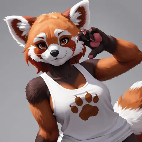 Closeup of an anthro furry red panda female wearing a loose white tank top, paws, paw pads towards viewer