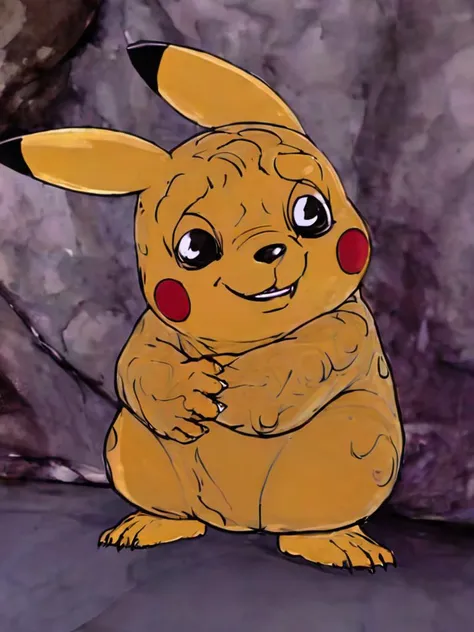 Pikachu, wrinkled, weird, <lora:rankinbasshobbit_styleXL_v.10.2:2.5> Bilbo face