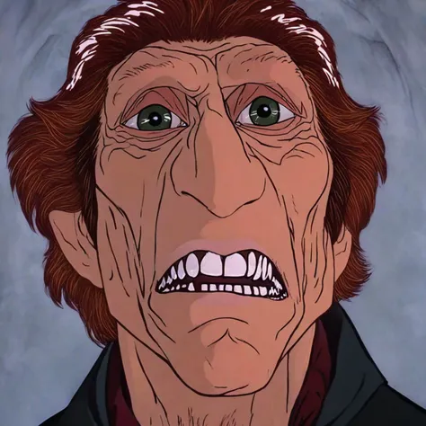 ((Willem Dafoe)) grinning evilly, creepy, <lora:rankinbasshobbit_styleXL_v.10.2:2.5> detailed face, Bilbo eyes