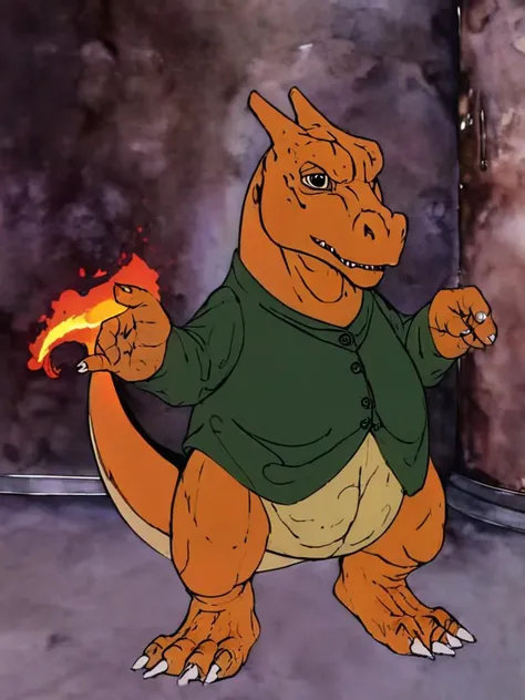 Charizard, full body, <lora:rankinbasshobbit_styleXL_v.10.2:2.8> Bilbo face