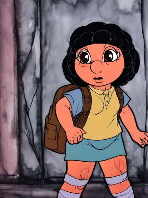 Dora the Explorer, female, straight black hair, wrinkled, creepy, full body, backpack, <lora:rankinbasshobbit_styleXL_v.10.2:2.5> female face