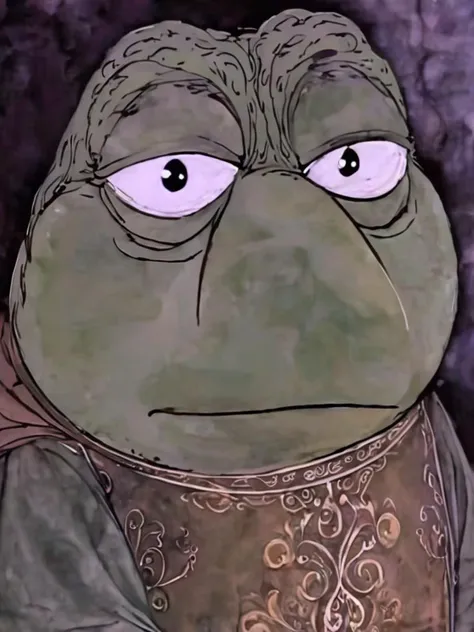 Sad Pepe the frog, creepy, detailed, high quality, full body, meme, <lora:rankinbasshobbit_styleXL_v.10.2:2.5> Bilbo frog face, Bilbo eyes