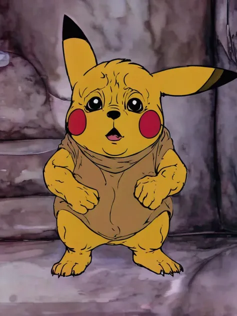 Pikachu, wrinkled, weird, full body, <lora:rankinbasshobbit_styleXL_v.10.2:2.5> Bilbo face