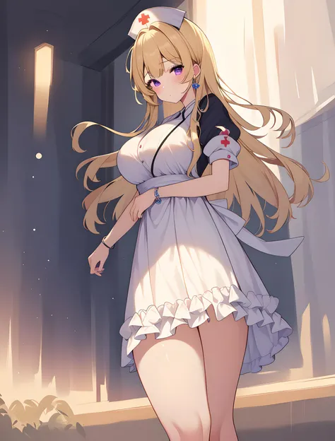 ((masterpiece, best quality, high quality)),1girl, ((lower body, hospital)), <lora:Old Nurse Outfit:0.8> (nurse_old_style_01, apron, nurse cap, short sleeves, striped dress, puffy sleeves, vertical stripes, nurse, white apron, puffy short sleeves, pantyhose), <lora:Kimiko Shimoto:0.7> (kimiko shimoto, 3dcg_09, 1girl, solo, long hair, bangs, blonde hair, purple eyes, jewelry, large breasts),