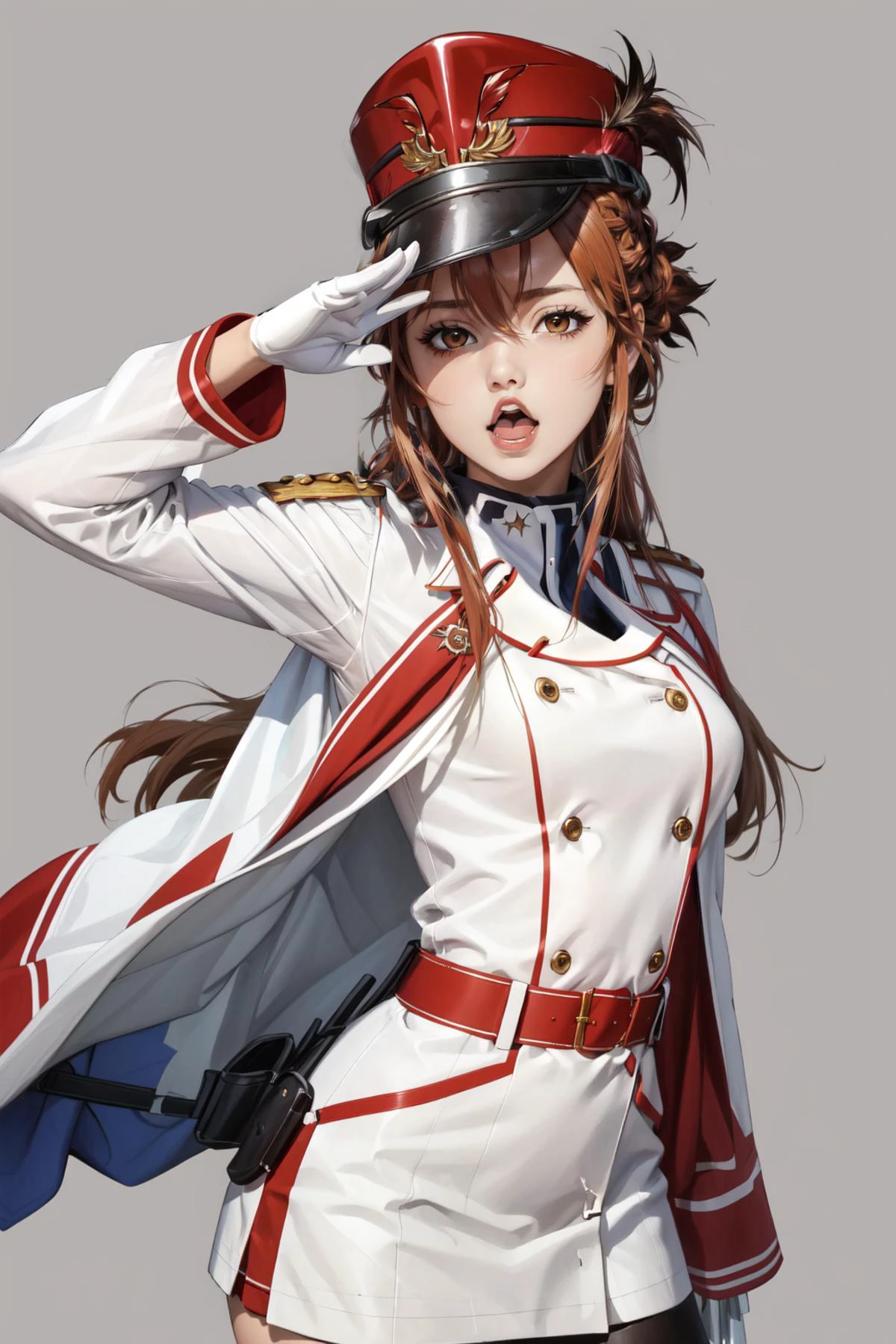 (masterpiece, best quality), intricate details,
1girl, <lora:Asuna_Yuuki:0.8> Asuna_Yuuki, asuna \(sao\),
<lora:talkmouth_O_v100:0.8> open mouth <lora:AnimeOfficer:0.8> OfficerA, military uniform, hat, saluting, salute,