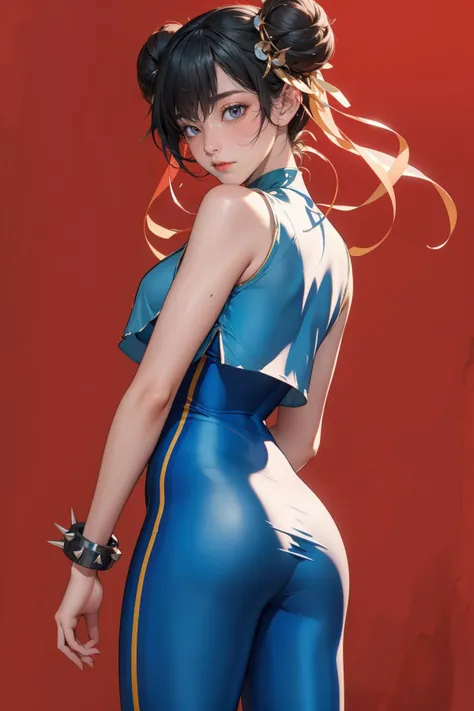 1girl,solo,red background,standing,ass,from behind,cowboy shot,,ruanyi0541,blue bodysuit,chinese clothes,spiked bracelet,sneakers,crop top,double bun,<lora:0541 cunli alternate costume_v1:1>, best quality,masterpiece,highres,official art,extremely detailed cg unity 8k wallpaper