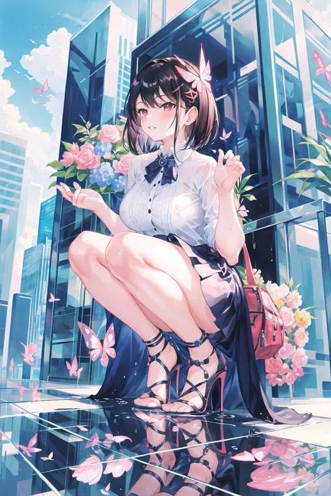 atdan,
1girl, atdan, background, black hair, blue sky, blush, breasts, bug, building, butterfly, butterfly hair ornament, cloud, cloudy sky, dress, feet, flower, hair ornament, heels, highres, insect, large breasts, leaf, original, parted lips, plant, puddle, red eyes, short hair, skirt, sky, squatting, toes, water, wet, wet clothes, white dress
, ((masterpiece))
<lora:atdan:0.7>