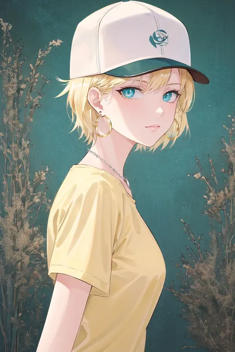 atdan, masterpiece, best quality, 1girl, aqua eyes, baseball cap, blonde hair, closed mouth, earrings, green background, hat, hoop earrings, jewelry, looking at viewer, shirt, short hair, simple background, solo, upper body, yellow shirt

<lora:atdan:0.65>