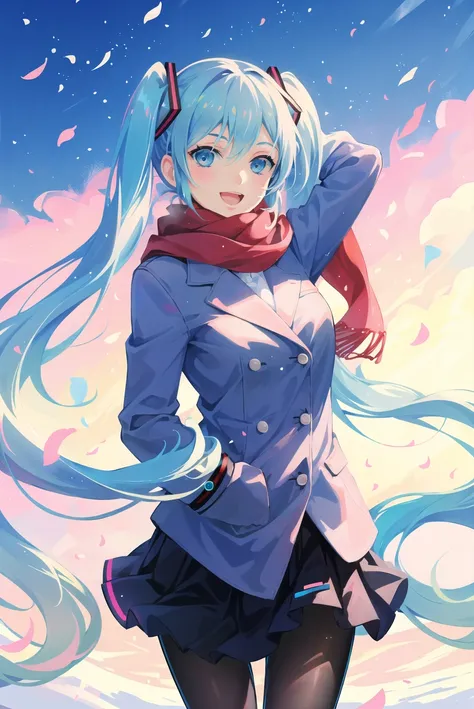 atdan,

hatsune miku, vocaloid,

1girl, absurdres, aqua eyes, aqua hair, arm behind head, arm up, atdan, bad id, bad pixiv id, black pantyhose, buttons, coat, cowboy shot, double-breasted, hatsune miku, highres, long hair, open mouth, pantyhose, red scarf, scarf, skirt, smile, solo, twintails, very long hair, vocaloid, winter clothes, winter coat, upper body

, ((masterpiece))

<lora:atdan:0.65>