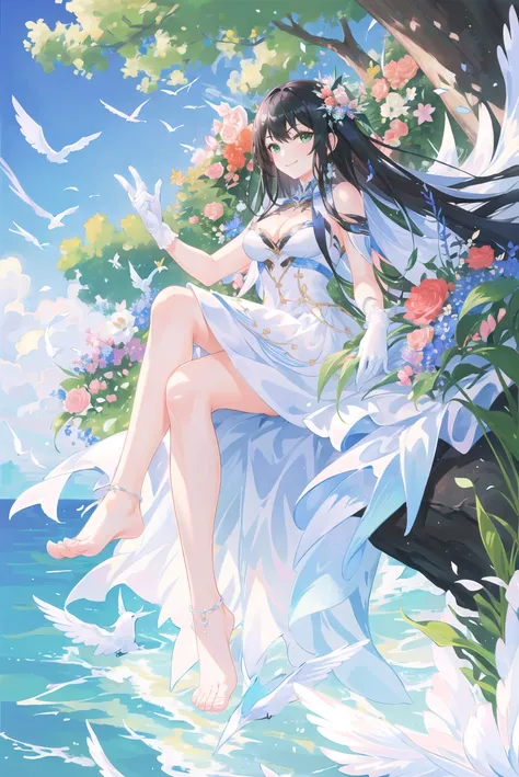 atdan,
1girl, solo, green eyes, long hair, barefoot, flower, black hair, white gloves, white dress, sleeveless dress, bare shoulders, cleavage, upper body, very long hair, smile, flying, sitting, toes, looking at viewer, sky, from below, nature background
, ((masterpiece))
<lora:atdan:0.65>