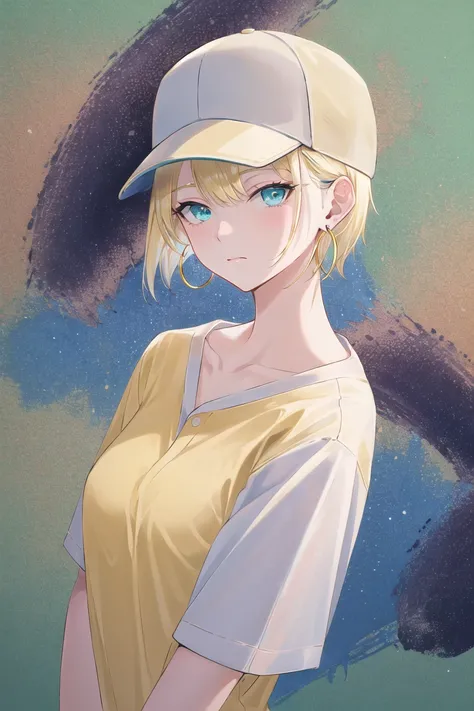 atdan, masterpiece, best quality, 1girl, aqua eyes, baseball cap, blonde hair, closed mouth, earrings, green background, hat, hoop earrings, jewelry, looking at viewer, shirt, short hair, simple background, solo, upper body, yellow shirt
<lora:atdan:0.65>