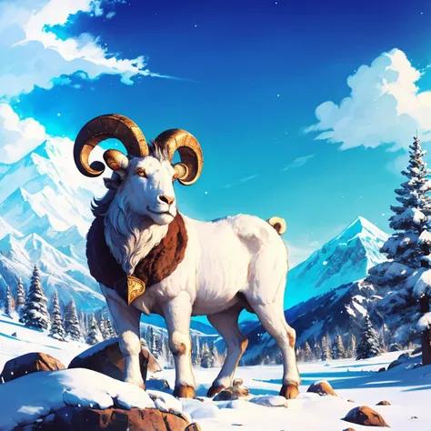 Aries: A spectacular mountainous landscape with a clear blue sky and snow-capped peaks. In the foreground, a majestic ram stands on a rock, its horns pointed towards the sky, symbolizing the strength and determination of the Aries sign., hud_jem_boxart, colorful retro artstyle, colorful background, neon, palm trees, <lora:jem_style_sd15-000007:0.7>