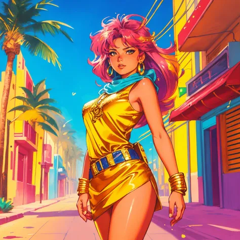 8k wallpaper of a beautiful anime adventurer girl wearing gold jewelry in the streets of a city in the Western Sahara, by Artgerm, intricate detail, trending on ArtStation, 8k, fluid motion, stunning shading, hud_jem_boxart, colorful retro artstyle, colorful background, neon, palm trees, <lora:jem_style_sd15-000007:0.75>