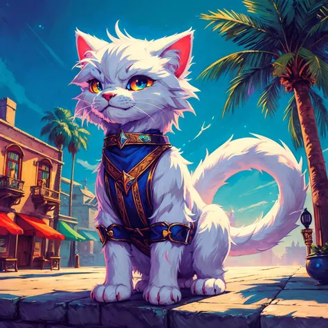 Sorcerer Humanoid Cat Furry, White Fur, Silver Dragon Heritage, Traveler Cloth, Fantasy Ambience, Anime Style, Medieval Town, Large Dragon Claws, hud_jem_boxart, colorful retro artstyle, colorful background, neon, palm trees, <lora:jem_style_sd15-000007:0.7>