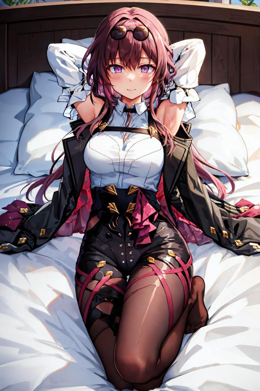 masterpiece, best quality, <lora:kafka-nvwls-v1-final:0.9> kafka, purple eyes, sunglasses on head, black jacket, collared shirt, black shorts, pantyhose, seiza, bed, arms behind head, smile <lora:yuuhi_alpha-Style-000083:1>