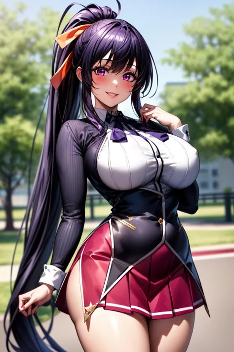 best quality, masterpiece, 1girl, (solo:1.1), raytracing, ultra detailed,detailed face, 8k wallpaper, wide hips, <lora:more_details:0.5>, smile, HimejimaAkenoNDV, 1girl, black hair, large breasts, very long hair, purple eyes, red skirt, school uniform, shirt, corset, ponytail, hair ribbon, ribbon, outdoor, <lora:HimejimaAkeno_NDV:0.7>