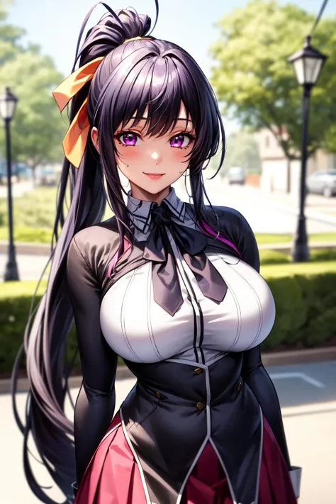 best quality, masterpiece, 1girl, (solo:1.1), raytracing, ultra detailed,detailed face, 8k wallpaper, wide hips, <lora:more_details:0.5>, smile, HimejimaAkenoNDV, 1girl, black hair, large breasts, very long hair, purple eyes, red skirt, school uniform, shirt, corset, ponytail, hair ribbon, ribbon, outdoor, <lora:HimejimaAkeno_NDV:0.7>