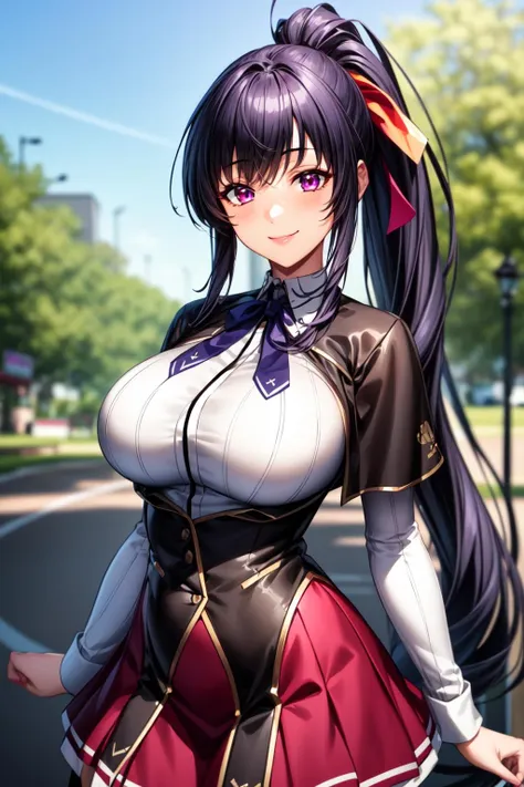 best quality, masterpiece, 1girl, (solo:1.1), raytracing, ultra detailed,detailed face, 8k wallpaper, wide hips, <lora:more_details:0.5>, smile, HimejimaAkenoNDV, 1girl, black hair, large breasts, very long hair, purple eyes, red skirt, school uniform, shirt, corset, ponytail, hair ribbon, ribbon, outdoor, <lora:HimejimaAkeno_NDV:0.7>